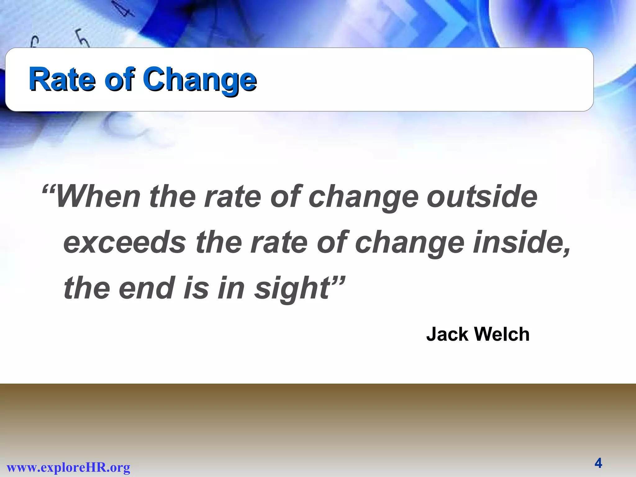 “ When the rate of change outside exceeds the rate of change inside, the end is in sight”   Rate of Change Jack Welch 