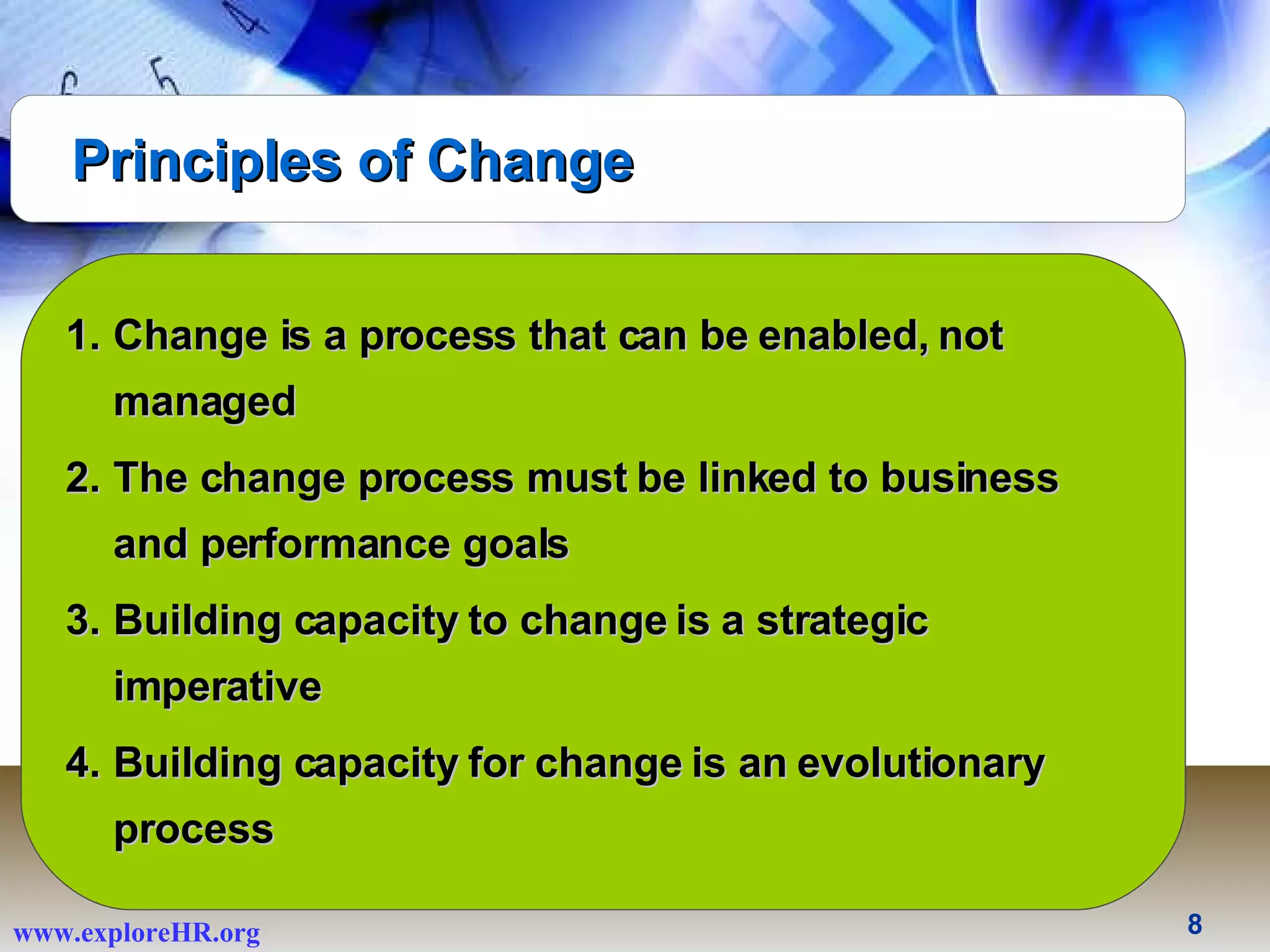 Change is a process that can be enabled, not managed The change process must be linked to business and performance goals Building capacity to change is a strategic imperative  Building capacity for change is an evolutionary process Principles of Change 