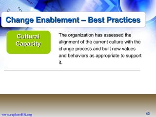 The organization has assessed the alignment of the current culture with the change process and built new values and behavi...