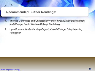 Recommended Further Readings: <ul><li>Thomas Cummings and Christopher Worley,  Organization Development and Change,  South...