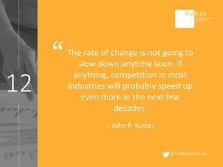 @TopRightPartner
12
The rate of change is not going to
slow down anytime soon. If
anything, competition in most
industries will probably speed up
even more in the next few
decades.
– John P. Kotter
“
 