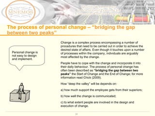 The process of personal change – “ bridging the gap between two peaks ” Change is a complex process encompassing a number of procedures that need to be carried out in order to achieve the desired state of affairs. Even though it touches upon a number of processes within the company, individuals are arguably most affected by the change.  People have to cope with the change and incorporate it into their daily behaviour. The process of personal change has often been described as  “bridging the gap between two peaks”  the Start of Change and the End of Change; for more information read Chick (2009).  How “deep the valley” will be depends on:  a) how much support the employee gets from their superiors;  b) how well the change is communicated;  c) to what extent people are involved in the design and execution of change.  Personal change is not easy to design and implement.  
