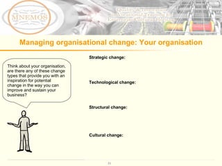 Managing organisational change: Your organisation Think about your organisation, are there any of these change types that provide you with an inspiration for potential change in the way you can improve and sustain your business?  Strategic change:  Technological change: Structural change:   Cultural change: 