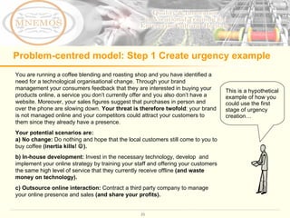 Problem-centred model: Step 1 Create urgency example You are running a coffee blending and roasting shop and you have identified a  need for a technological organisational change. Through your brand management your consumers feedback that they are interested in buying your products online, a service you don ’t currently offer and you also don ’ t have a website. Moreover, your sales figures suggest that purchases in person and over the phone are slowing down.  Your threat is therefore twofold : your brand is not managed online and your competitors could attract your customers to them since they already have a presence.  Your potential scenarios are:  a) No change:  Do nothing and hope that the local customers still come to you to buy coffee  (inertia kills!   ). b) In-house development:  Invest in the necessary technology, develop  and implement your online strategy by training your staff and offering your customers the same high level of service that they currently receive offline  (and waste money on technology). c) Outsource online interaction:  Contract a third party company to manage your online presence and sales  (and share your profits). This is a hypothetical example of how you could use the first stage of urgency creation… 