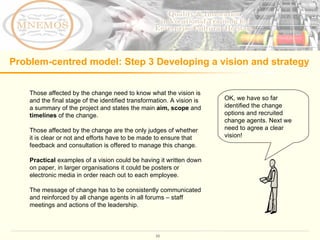 Problem-centred model: Step 3 Developing a vision and strategy Those affected by the change need to know what the vision is and the final stage of the identified transformation. A vision is a summary of the project and states the main  aim,   scope  and  timelines  of the change.  Those affected by the change are the only judges of whether it is clear or not and efforts have to be made to ensure that feedback and consultation is offered to manage this change.  Practical  examples of a vision could be having it written down on paper, in larger organisations it could be posters or electronic media in order reach out to each employee.  The message of change has to be consistently communicated and reinforced by all change agents in all forums – staff meetings and actions of the leadership.  OK, we have so far identified the change options and recruited change agents. Next we need to agree a clear vision! 