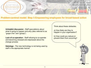 Problem-centred model: Step 5  Empowering employees for broad-based action   Unhelpful discussion  - Staff speculations about what is going to happen and why (also referred to as “grape vine” and “gossip”) Lack of co-operation  - Staff refusing to co-operate and becoming stressed and depressed about the change process Sabotage  - The new technology is not being used by staff in the appropriate manner Think about these obstacles.  a) How likely are they to happen in your organisation?  b) How could you reduce or prevent them from occurring? 