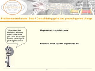 My processes currently in place: Processes which could be implemented are: Think about your business, what are the routines which you could encourage to build on change in your organisation?  Problem-centred model: Step 7  Consolidating gains and producing more change 