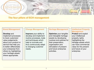The four pillars of ECH management Intellectual Property Management Protect  and exploit your intellectual property rights highlighting the heritage assets which can have commercial value for the present and future of your enterprise.  Change Management Improve  your ability to develop and implement routine processes, tools and techniques which help to innovate and thus continuously adapt to changing customer needs. Heritage Management Optimise  your tangible and intangible heritage assets by developing routines and policies for their preservation, organisation and stimulation of present and future enterprise  activities. Brand Management Develop  and implement processes to track customers’ value judgements about your product or service that help you to better differentiate your enterprise from others by highlighting your heritage assets where appropriate.  