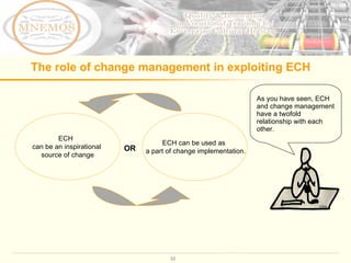 The role of change management in exploiting ECH  As you have seen, ECH and change management have a twofold relationship with each other.  ECH  can be an inspirational  source of change OR ECH can be used as  a part of change implementation. 