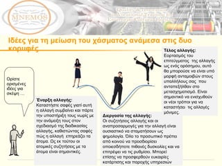 Ιδέες για τη μείωση του χάσματος ανάμεσα στις δυο κορυφές  Ορίστε ορισμένες ιδέες για σκέψη …   Έναρξη αλλαγής : Καταστήστε σαφές γιατί αυτή η αλλαγή συμβαίνει και πάρτε την υποστήριξη τους νωρίς με την ανάμειξη τους στον σχεδιασμό της διαδικασίας αλλαγής, καθιστώντας σαφές πώς η αλλαγή  επηρεάζει τα άτομα. Ως εκ τούτου οι ατομικές συζητήσεις με τα άτομα είναι σημαντικές. Διεργασία της αλλαγής : Οι συζητήσεις αλλαγής και οι αναπροσαρμογές για την αλλαγή είναι ουσιαστικό να σταματήσουν ως φημολογία. Όλο το προσωπικό πρέπει από κοινού να προσδιορίσει οποιεσδήποτε πιθανές δυσκολίες και να επιτρέψει να τις ρυθμίσει. Μπορεί επίσης να προσφερθούν ευκαιρίες κατάρτισης και παροχής υπηρεσιών  Τέλος αλλαγής : Εορτασμός του επιτεύγματος  της αλλαγής ως ενός ορόσημου, αυτό θα μπορούσε να είναι υπό μορφή ανταμοιβών στους υπαλλήλους σας  που ανταπεξήλθαν στο μετασχηματισμό. Είναι σημαντικό να ενισχυθούν οι νέοι τρόποι για να  καταστήσει  τις αλλαγές μόνιμες. 