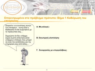 Επικεντρωμένο στο πρόβλημα πρότυπο :  Βήμα 1 Καθιέρωση του επείγοντος Α. Μη αλλαγή  : Β. Εσωτερική υλοποίηση : Γ.  Συνεργασίες με υπεργολάβους: Σκεφτείτε τι οι συνέπειες αυτών των σεναρίων  - αυτή είναι η διαδικασία ότι θα συζητήσετε με το προσωπικό σας…  Σημειώστε ότι δεν υπάρχει καμία σωστή απάντηση αλλά υπάρχουν επιλογές που μπορεί να είναι πιο κατάλληλες για την επιχείρηση σας από άλλες… 