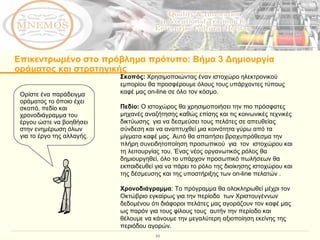 Επικεντρωμένο στο πρόβλημα πρότυπο :  Βήμα 3 Δημιουργία οράματος και στρατηγικής Σκοπός:  Χρησιμοποιώντας έναν ιστοχώρο ηλεκτρονικού εμπορίου θα προσφέρουμε όλους τους υπάρχοντες τύπους καφέ μας on-line σε όλο τον κόσμο.  Πεδίο:  Ο ιστοχώρος θα χρησιμοποιήσει την πιο πρόσφατες μηχανές αναζήτησης καθώς επίσης και τις κοινωνικές τεχνικές δικτύωσης  για να δεσμεύσει τους πελάτες σε απευθείας σύνδεση και να αναπτυχθεί μια κοινότητα γύρω από τα μίγματα καφέ μας. Αυτό θα απαιτήσει βραχυπρόθεσμα την πλήρη συνειδητοποίηση προσωπικού  για  τον  ιστοχώρου   και τη λειτουργίας του. Ένας νέος οργανωτικός ρόλος θα δημιουργηθεί, όλο το υπάρχον προσωπικό πωλήσεων θα εκπαιδευθεί για να πάρει το ρόλο της διοίκησης ιστοχώρου και της δέσμευσης και της υποστήριξης των  on-line  πελατών  .   Χρονοδιάγραμμα : Το πρόγραμμα θα ολοκληρωθεί μέχρι τον Οκτώβριο εγκαίρως για την περίοδο  των Χριστουγέννων δεδομένου ότι διάφοροι πελάτες μας αγοράζουν τον καφέ μας ως παρόν για τους φίλους τους  αυτήν την περίοδο και θέλουμε να κάνουμε την μεγαλύτερη αξιοποίηση εκείνης της περιόδου αγορών.  Ορίστε ένα παράδειγμα οράματος το όποιο έχει  σκοπό, πεδίο και χρονοδιάγραμμα του έργου ώστε να βοηθήσει στην ενημέρωση όλων για το έργο της αλλαγής. 