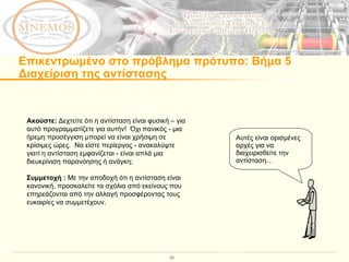 Επικεντρωμένο στο πρόβλημα πρότυπο :  Βήμα 5 Διαχείριση της αντίστασης Ακούστε:  Δεχτείτε ότι η αντίσταση είναι φυσική – για αυτό προγραμματίζετε για αυτήν!  Όχι πανικός - μια ήρεμη προσέγγιση μπορεί να είναι χρήσιμη σε κρίσιμες ώρες.  Να είστε περίεργος - ανακαλύψτε γιατί η αντίσταση εμφανίζεται - είναι απλά μια διευκρίνιση παρανόησης ή ανάγκη;  Συμμετοχή :  Με την αποδοχή ότι η αντίσταση είναι κανονική, προσκαλείτε τα σχόλια από εκείνους που επηρεάζονται από την αλλαγή προσφέροντας τους ευκαιρίες να συμμετέχουν.  Αυτές είναι ορισμένες αρχές για να διαχειρισθείτε την αντίσταση… 