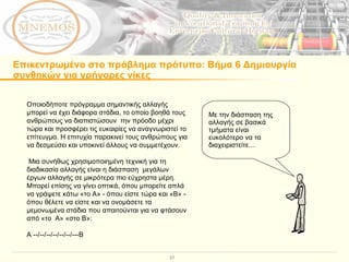 Επικεντρωμένο στο πρόβλημα πρότυπο :  Βήμα 6 Δημιουργία συνθηκών για γρήγορες νίκες  Οποιοδήποτε πρόγραμμα σημαντικής αλλαγής μπορεί να έχει διάφορα στάδια, το οποίο βοηθά τους ανθρώπους να διαπιστώσουν  την πρόοδο μέχρι τώρα και προσφέρει τις ευκαιρίες να αναγνωριστεί το επίτευγμα. Η επιτυχία παρακινεί τους ανθρώπους για να δεσμεύσει και υποκινεί άλλους να συμμετέχουν.  Μια συνήθως χρησιμοποιημένη τεχνική για τη διαδικασία αλλαγής είναι η διάσπαση  μεγάλων έργων αλλαγής σε μικρότερα πιο εύχρηστα μέρη. Μπορεί επίσης να γίνει οπτικά, όπου μπορείτε απλά να γράψετε κάτω «το Α» - όπου είστε τώρα και «Β» - όπου θέλετε να είστε και να ονομάσετε τα μεμονωμένα στάδια που απαιτούνται για να φτάσουν από «το  Α» «στο Β»: A --/--/--/--/--/--/---B Με την διάσπαση της αλλαγής σε βασικά τμήματα είναι ευκολότερο να τα διαχειριστείτε… 