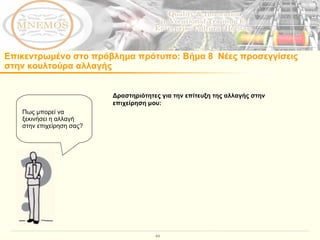 Δραστηριότητες για την επίτευξη της αλλαγής στην επιχείρηση μου :  Πως μπορεί να ξεκινήσει η αλλαγή στην επιχείρηση σας ? Επικεντρωμένο στο πρόβλημα πρότυπο :  Βήμα 8  Νέες προσεγγίσεις  στην κουλτούρα αλλαγής  