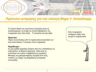 Πρότυπο εκτίμησης για την αλλαγή Βήμα 1: Ανακάλυψη Το πρώτο βήμα του προτύπου εκτίμησης είναι να ανακαλύψουμε τα στοιχεί τα οποία καθορίσουν την επιχείρηση σας τόσο καλή.  Τι εκτιμάται και έχει άξια;  Πρακτική :  Πάρτε συνεντεύξεις από το προσωπικό και ζητήστε να σας απαντήσουν τι εκτιμούν στην επιχείρηση Παράδειγμα  : Σε μία ομάδα εργασίας ζητήστε από του υπαλλήλους να συζητήσουν τα θέματα αριστείας. Ποια είναι τα συστατικά του καλού περιβάλλοντος εργασίας;  Μπορείς να χρησιμοποιήσεις στοιχεία από τους πελάτες ως τμήμα της διαχείρισης εμπορικής επωνυμίας.  Στην επιχείρηση υπάρχουν αξίες που εκτιμά το προσωπικό; 