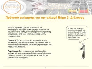 Πρότυπο εκτίμησης για την αλλαγή Βήμα 3: Διάλογος Το τρίτο βήμα σας ζητά  να συνδυάσετε  τις πληροφορίες που έχετε συλλέξει μέχρι τώρα και  να διευκολύνετε το διάλογο που στρέφεται στις πρακτικές υποχρεώσεις από τους υπαλλήλους σας και την  επιχείρηση σας. Πρακτική:  Θα μπορούσατε να προκαλέσετε τους υπαλλήλους σας να οργανώσουν την εργασία τους με περισσότερο ικανό τρόπο και να τους προκαλέσετε  να πάρουν πρωτοβουλία.  Παράδειγμα:  Εάν το προσωπικό σας θεωρεί ότι υπάρχει μια ανάγκη να εισαχθεί μια πολιτική ελαστικής  εργασίας,  μπορείτε να τους ρωτήσετε  πώς θα την καθιστούσαν λειτουργική.  Η ιδέα του διαλόγου είναι να μεταφέρει την ιδιοκτησία της αλλαγής στο προσωπικό με τις εισηγήσεις του.  