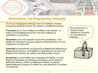 Απαιτήσεις της διαχείρισης αλλαγής Τα επιτυχή προγράμματα αλλαγής τείνουν να επιδείξουν τέσσερα στοιχεία που βοηθούν εκείνους που οδηγούν τη διαδικασία αλλαγής:  Η εκτίμηση  για το πώς οι άνθρωποι αντιδρούν στην αλλαγή – οι άνθρωποι είναι διαφορετικοί και δεν είναι όλοι πρόθυμοι να αγκαλιάσουν τις νέες ιδέες.  Κατανόηση  αυτού που προκαλεί τις αρνητικές αντιδράσεις - αυτό βοηθά στην εξάλειψη ή τη μείωση ορισμένων δραστηριοτήτων που θα ενοχλήσουν το προσωπικό.  Ανάπτυξη  της δυνατότητας να εξεταστούν οι διαφορετικοί άνθρωποι με  διαφορετικούς τρόπους - αυτό βοηθά στη διαχείριση για την ανάπτυξη  διαφορετικών σεναρίων και  σχεδίων για ειδικές ομάδες ατόμων.  Δυνατότητα  να αναπτυχθούν και να εφαρμοστούν σχέδια - οι καλές δεξιότητες διαχείρισης της αλλαγής είναι χρήσιμες για να ελεγχτεί η διαδικασία αλλαγής. Σπάστε τη διαδικασία αλλαγής  σε μικρούς, βραχυπρόθεσμους στόχους (ή στάδια) που είναι ρεαλιστικοί, επιτεύξιμοι και μετρήσιμοι Είναι κάποιο από τα τέσσερα σημεία  παρόμοιε με τα σημεία της προηγούμενης ενότητας; 