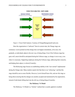 FOUR MODELS OF CHANGE FOR IT ENVIRONMENTS
Figure 1. Force Field Analysis. Courtesy of ChangeManagementCoach.com.
Once the organization is “unfrozen” from its current state, the Change stage can
commence. Lewin pointed out that change does not happen immediately, all at once, but
gradually, as individuals adjust to the new way of doing things. Even if the Unfreeze stage has
gone well, unrest should be anticipated during the Unfreeze stage, as change is never easy, even
when it is necessary. Supporting employees during the Unfreeze stage, addressing their concerns,
and helping them adjust, is critical (Connolly).
The Refreezing stage focuses on establishing stability in the “new normal” implemented
during the Change state. Many modern experts feel that there is no “refreezing,” and that this
stage should be seen as more flexible. However, Lewin himself knew this, and saw this stage as
being about ensuring that the changes are actually accepted and maintained by the organization,
instead of individuals falling back into the old way of doing things (Connolly).
The McKinsey 7-S Model
The McKinsey 7-S Model is a “holistic” method that is usually applied to troubled
3
 
