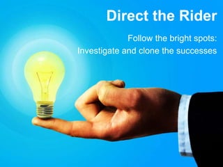 Direct the Rider
Follow the bright spots:
Investigate and clone the successes
 