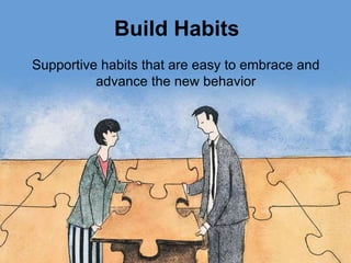 Build Habits
Supportive habits that are easy to embrace and
advance the new behavior
 
