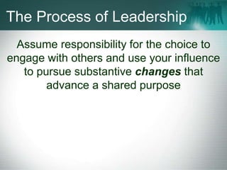 The Process of Leadership
Assume responsibility for the choice to
engage with others and use your influence
to pursue substantive changes that
advance a shared purpose
 