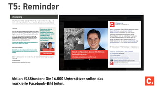 T5: Reminder
Aktion #48Stunden: Die 16.000 Unterstützer sollen das
markierte Facebook-Bild teilen.
 