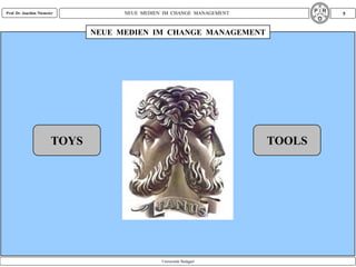 Prof. Dr. Joachim Niemeier           NEUE MEDIEN IM CHANGE MANAGEMENT           5


                               NEUE MEDIEN IM CHANGE MANAGEMENT




                        TOYS                                            TOOLS




                                                Universität Stuttgart
 