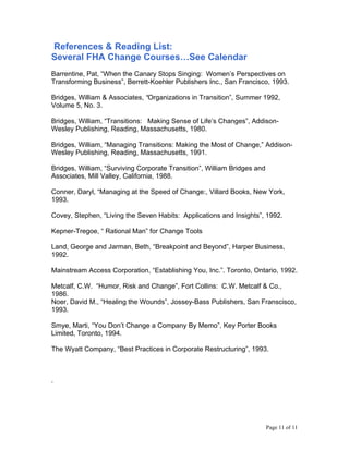 References & Reading List:
Several FHA Change Courses…See Calendar
Barrentine, Pat, “When the Canary Stops Singing: Women’...