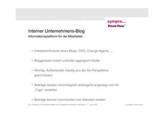 Interner Unternehmens-Blog
Informationsplattform für die Mitarbeiter



    • Initiatoren/Autoren eines Blogs: CEO, Change-Agents, ...


    • Bloggerteam kreiert und/oder aggregiert Inhalte


    • Wichtig: Authentizität! (häufig aus der Ich-Perspektive
       geschrieben)


    • Beiträge werden chronologisch absteigend angezeigt und mit
       „Tags“ versehen


    • Beiträge können kommentiert und diskutiert werden
20 | Change 2.0: Wie Social Media die Changekommunikation unterstützt | 17. Juni 2010   © sympra / Know How!
 