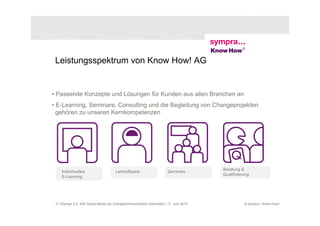 Leistungsspektrum von Know How! AG


• Passende Konzepte und Lösungen für Kunden aus allen Branchen an
• E-Learning, Seminare, Consulting und die Begleitung von Changeprojekten
  gehören zu unseren Kernkompetenzen




                                                                                        Beratung &
     Individuelles                     Lernsoftware                     Seminare
                                                                                        Qualifizierung
     E-Learning




 3 | Change 2.0: Wie Social Media die Changekommunikation unterstützt | 17. Juni 2010              © sympra / Know How!
 