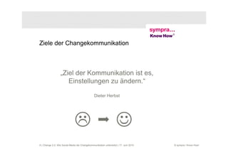Ziele der Changekommunikation



                  „Ziel der Kommunikation ist es,
                     Einstellungen zu ändern.“

                                                Dieter Herbst




                                                                    ☺
8 | Change 2.0: Wie Social Media die Changekommunikation unterstützt | 17. Juni 2010   © sympra / Know How!
 
