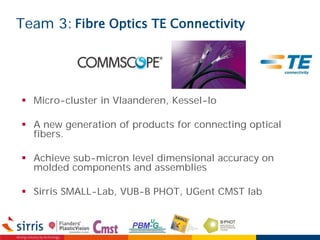 Team 3:
 Micro-cluster in Vlaanderen, Kessel-lo
 A new generation of products for connecting optical
fibers.
 Achieve sub-micron level dimensional accuracy on
molded components and assemblies
 Sirris SMALL-Lab, VUB-B PHOT, UGent CMST lab
Fibre Optics TE Connectivity
 