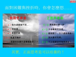其實，正面思考是可以培養的！ ﹝ 正面思考者﹞ ﹝ 負面思考者﹞ ( ＋ )   勇敢踏出第一步。 （ -- ） 我永遠都做不到…… ( ＋ )   千金難買早知道。 ( ＋ )   錯就錯了，日子還是得過！ ( ＋ )   別太要求完美。 ( ＋ )   下次我要如何做得更好？ （ -- ） 早知道…… （ -- ） 是誰的錯？ （ -- ） 這還不夠好……  （ -- ） 我當初怎麼不這樣做就好了？ 面對困難與挫折時，你會怎麼想…… 