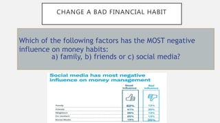 CHANGE A BAD FINANCIAL HABIT
Which of the following factors has the MOST negative
influence on money habits:
a) family, b) friends or c) social media?
 