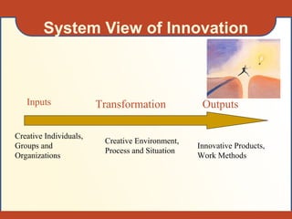 System View of Innovation
Transformation Outputs
Creative Individuals,
Groups and
Organizations
Creative Environment,
Process and Situation
Innovative Products,
Work Methods
Inputs
 