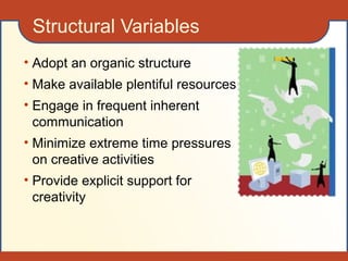 Structural Variables
• Adopt an organic structure
• Make available plentiful resources
• Engage in frequent inherent
communication
• Minimize extreme time pressures
on creative activities
• Provide explicit support for
creativity
 