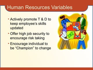 Human Resources Variables
• Actively promote T & D to
keep employee’s skills
updated
• Offer high job security to
encourage risk taking
• Encourage individual to
be “Champion” to change
 