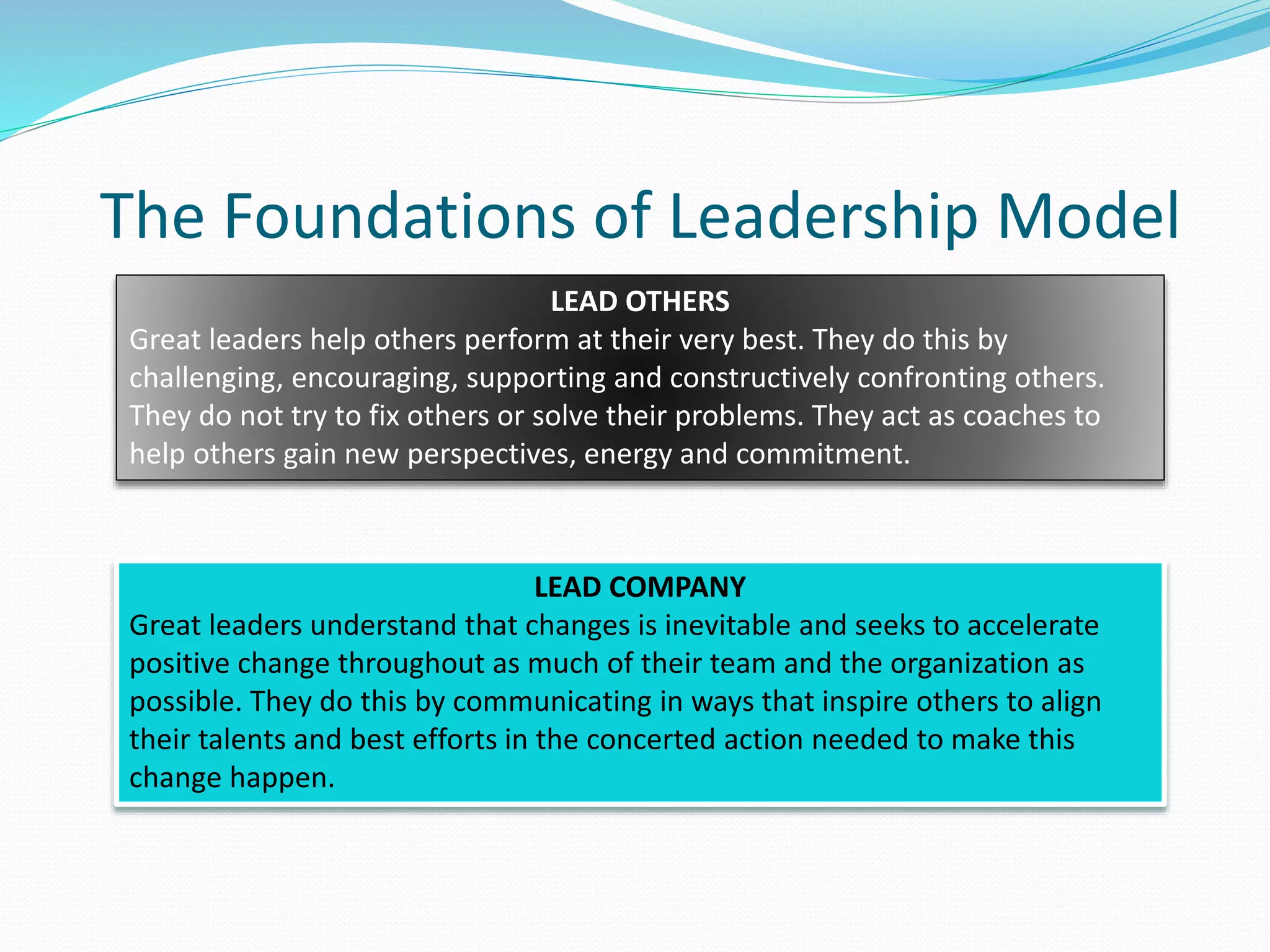 The Foundations of Leadership Model 
LEAD OTHERS 
Great leaders help others perform at their very best. They do this by 
challenging, encouraging, supporting and constructively confronting others. 
They do not try to fix others or solve their problems. They act as coaches to 
help others gain new perspectives, energy and commitment. 
LEAD COMPANY 
Great leaders understand that changes is inevitable and seeks to accelerate 
positive change throughout as much of their team and the organization as 
possible. They do this by communicating in ways that inspire others to align 
their talents and best efforts in the concerted action needed to make this 
change happen. 
 