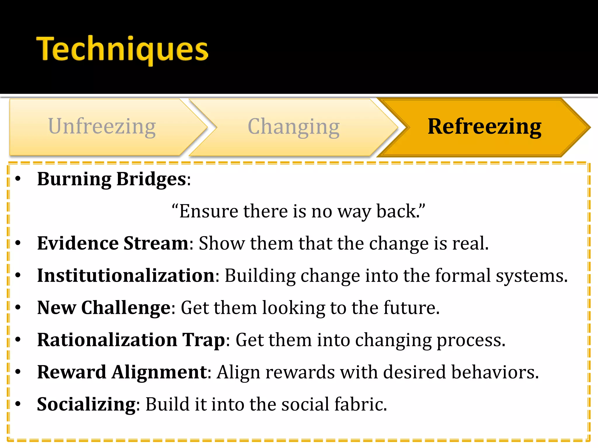 Unfreezing Changing Refreezing
• Burning Bridges:
“Ensure there is no way back.”
• Evidence Stream: Show them that the change is real.
• Institutionalization: Building change into the formal systems.
• New Challenge: Get them looking to the future.
• Rationalization Trap: Get them into changing process.
• Reward Alignment: Align rewards with desired behaviors.
• Socializing: Build it into the social fabric.
 