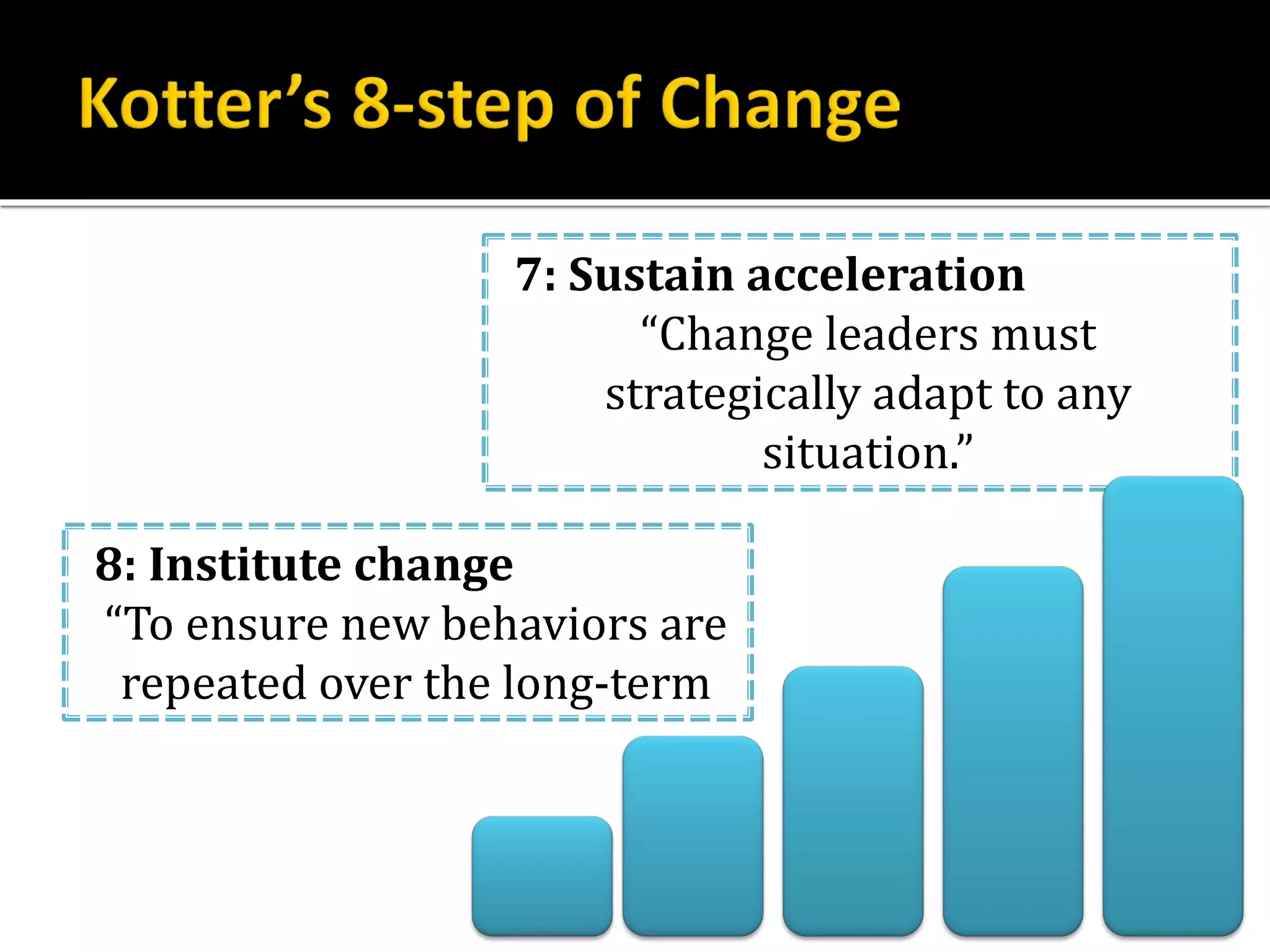 7: Sustain acceleration
“Change leaders must
strategically adapt to any
situation.”
8: Institute change
“To ensure new behaviors are
repeated over the long-term
 
