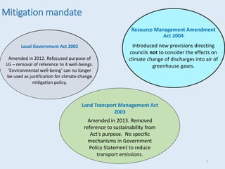 Mitigation mandate
Local Government Act 2002
Original purpose: To enable democratic
decision-making and action by, and on
behalf of, communities; and to promote
the social, economic, environmental,
and cultural well-being of communities,
in the present and in the future
Resource Management Act 1991
Resource consent authorities must
have regard to any actual and potential
effects on the environment of allowing
the activity.
Local Government Act 2002
Amended in 2012. Refocused purpose of
LG – removal of reference to 4 well-beings.
‘Environmental well-being’ can no longer
be used as justification for climate change
mitigation policy.
9
Resource Management Amendment
Act 2004
Introduced new provisions directing
councils not to consider the effects on
climate change of discharges into air of
greenhouse gases.
Land Transport Management Act
2003
Amended in 2013. Removed
reference to sustainability from
Act’s purpose. No specific
mechanisms in Government
Policy Statement to reduce
transport emissions.
 