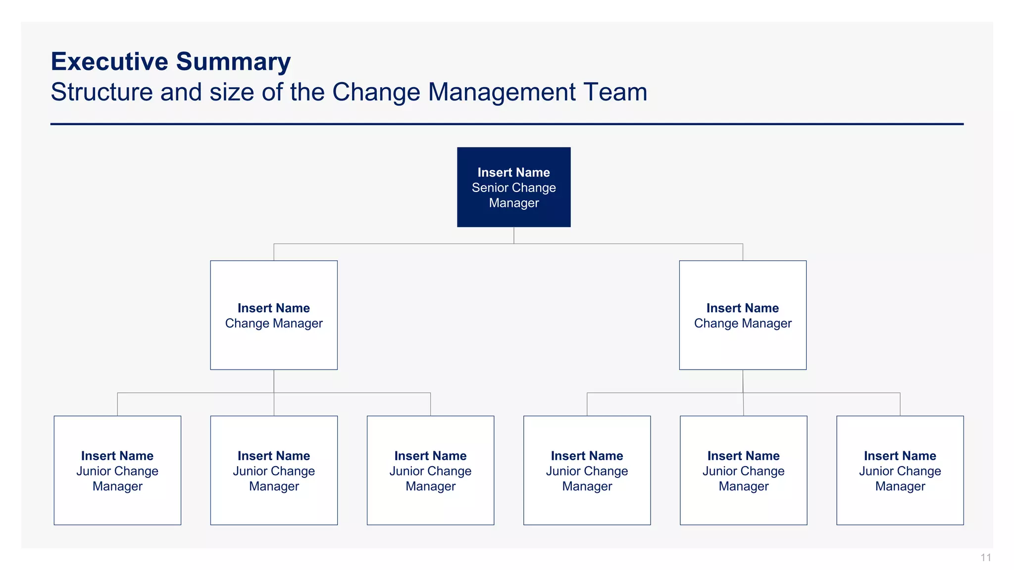 Executive Summary
Structure and size of the Change Management Team
Insert Name
Senior Change
Manager
Insert Name
Junior Change
Manager
Insert Name
Change Manager
Insert Name
Change Manager
Insert Name
Junior Change
Manager
Insert Name
Junior Change
Manager
Insert Name
Junior Change
Manager
Insert Name
Junior Change
Manager
Insert Name
Junior Change
Manager
11
 