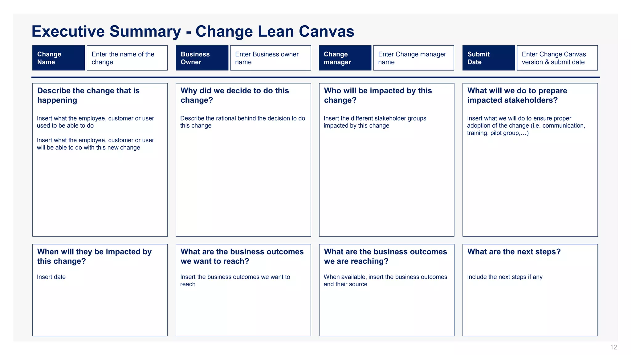 Executive Summary - Change Lean Canvas
12
Describe the change that is
happening
Why did we decide to do this
change?
Who will be impacted by this
change?
What will we do to prepare
impacted stakeholders?
When will they be impacted by
this change?
What are the business outcomes
we want to reach?
What are the business outcomes
we are reaching?
What are the next steps?
Enter the name of the
change
Change
Name
Enter Business owner
name
Business
Owner
Enter Change manager
name
Change
manager
Insert what the employee, customer or user
used to be able to do
Insert what the employee, customer or user
will be able to do with this new change
Insert the different stakeholder groups
impacted by this change
Describe the rational behind the decision to do
this change
Insert date
Insert what we will do to ensure proper
adoption of the change (i.e. communication,
training, pilot group,…)
Insert the business outcomes we want to
reach
When available, insert the business outcomes
and their source
Include the next steps if any
Enter Change Canvas
version & submit date
Submit
Date
 
