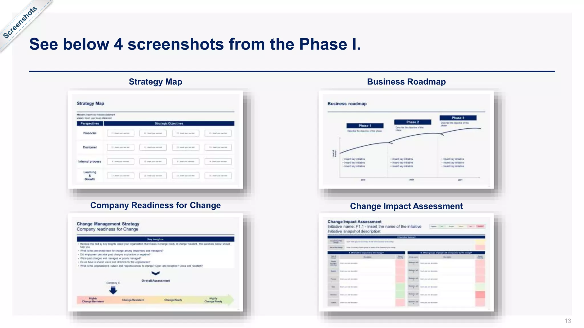 See below 4 screenshots from the Phase I.
13
Strategy Map
Company Readiness for Change
Business Roadmap
Change Impact Assessment
 