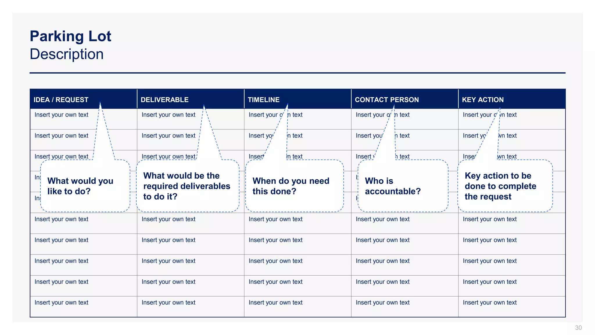 Parking Lot
Description
30
IDEA / REQUEST DELIVERABLE TIMELINE CONTACT PERSON KEY ACTION
Insert your own text Insert your own text Insert your own text Insert your own text Insert your own text
Insert your own text Insert your own text Insert your own text Insert your own text Insert your own text
Insert your own text Insert your own text Insert your own text Insert your own text Insert your own text
Insert your own text Insert your own text Insert your own text Insert your own text Insert your own text
Insert your own text Insert your own text Insert your own text Insert your own text Insert your own text
Insert your own text Insert your own text Insert your own text Insert your own text Insert your own text
Insert your own text Insert your own text Insert your own text Insert your own text Insert your own text
Insert your own text Insert your own text Insert your own text Insert your own text Insert your own text
Insert your own text Insert your own text Insert your own text Insert your own text Insert your own text
Insert your own text Insert your own text Insert your own text Insert your own text Insert your own text
What would be the
required deliverables
to do it?
When do you need
this done?
Who is
accountable?
Key action to be
done to complete
the request
What would you
like to do?
 