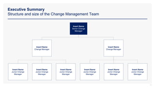 Executive Summary
Structure and size of the Change Management Team
Insert Name
Senior Change
Manager
Insert Name
Junior Change
Manager
Insert Name
Change Manager
Insert Name
Change Manager
Insert Name
Junior Change
Manager
Insert Name
Junior Change
Manager
Insert Name
Junior Change
Manager
Insert Name
Junior Change
Manager
Insert Name
Junior Change
Manager
11
 