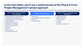In the next slides, you’ll see a small preview of the Phase II of our
Project Management 3-phase approach
25
Phase I: Build a Business Case &
Financial Model
Phase II: Initiate the Project
1. Business opportunity & suggested solution
2. Project objectives, scope & approach
3. Project deliverables & business outcomes
4. Strategic alignment
5. Dependencies & constraints
6. Risk assessment & mitigation
7. Change impact assessment
8. Project costs
9. Benefits
10.Net present value
11.Key success factors & KPIs
1. High-level project plan
2. Detailed project plan
3. Project dashboard
4. Parking lot
5. Punch list
6. Post project evaluation report
Phase III: Define and Implement your
Project Plan
1. Project charter
2. Project challenges and key success factors
3. RACI matrix
4. Stakeholder analysis
 