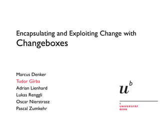 Encapsulating and Exploiting Change with
Changeboxes
Marcus Denker
Tudor Gîrba
Adrian Lienhard
Lukas Renggli
Oscar Nierstrasz
Pascal Zumkehr
 