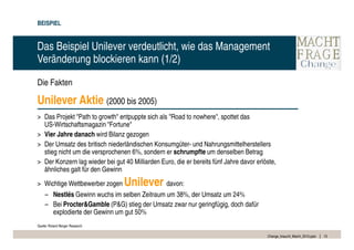 BEISPIEL


Das Beispiel Unilever verdeutlicht, wie das Management
Veränderung blockieren kann (1/2)

Die Fakten

Unilever Aktie (2000 bis 2005)
> Das Projekt "Path to growth" entpuppte sich als "Road to nowhere", spottet das
  US-Wirtschaftsmagazin "Fortune"
> Vier Jahre danach wird Bilanz gezogen
> Der Umsatz des britisch niederländischen Konsumgüter- und Nahrungsmittelherstellers
  stieg nicht um die versprochenen 6%, sondern er schrumpfte um denselben Betrag
> Der Konzern lag wieder bei gut 40 Milliarden Euro, die er bereits fünf Jahre davor erlöste,
  ähnliches galt für den Gewinn
> Wichtige Wettbewerber zogen    Unilever davon:
     – Nestlés Gewinn wuchs im selben Zeitraum um 38%, der Umsatz um 24%
     – Bei Procter&Gamble (P&G) stieg der Umsatz zwar nur geringfügig, doch dafür
       explodierte der Gewinn um gut 50%
Quelle: Roland Berger Research

                                                                                         Change_braucht_Macht_2010.pptx   13
 